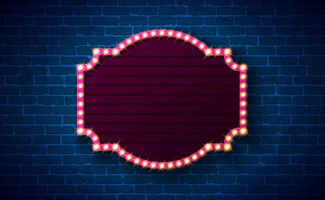Retro Lightbox Signboard Banner with Glowing Light Bulb Frame Billboard on Vintage Brick Wall Background. Customizable Marquee Sign Design for Casino Advertising, Theater Show