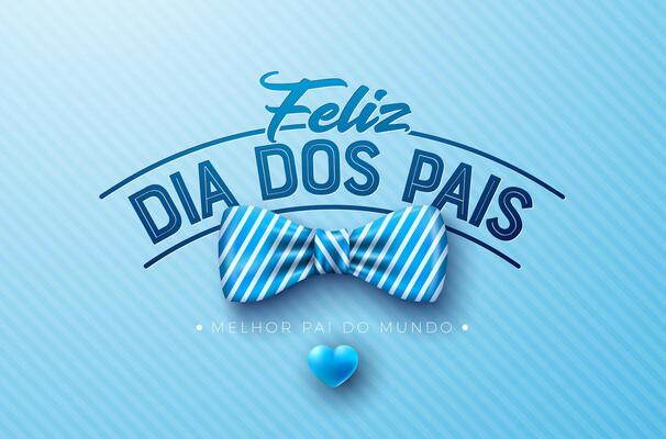 Happy Father's Day Greeting Card Design with Blue Heart, Bow Tie and Typography Lettering on Light Blue Background. Feliz Dia dos Pais Portuguese Language Illustration for the Loved and Best