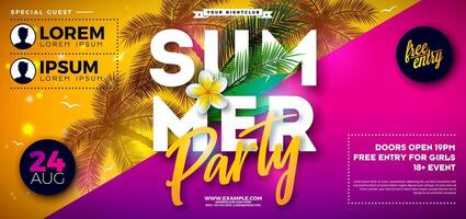 Summer Beach Party Banner Design with Flower and Tropical Palm Leaves on Abstract Yellow and Pink Background. Summer Holiday Illustration with Typography Lettering for Banner, Flyer, Invitation vector