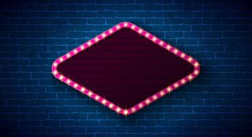 Retro Lightbox Signboard Banner Design with Glowing Light Bulb Frame Billboard on Vintage Brick Wall Background. Customizable Marquee Sign Illustration for Casino Advertising, Theater Show vector