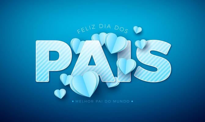Happy Father's Day Greeting Card Design with Blue Paper Heart and Text Label on Blue Background. Feliz Dia dos Pais Portuguese Language Illustration with Typography Letter for the Loved and