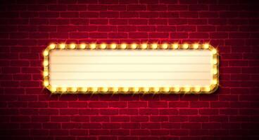 Retro Signboard Lightbox Design with Glowing Light Bulb Frame Billboard on Vintage Brick Wall Background. Customizable Marquee Sign Illustration for Casino Advertising, Theater Show vector