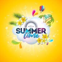 Summer Time Holiday Banner Design with Flower, Cloud and Text Label on Sun Yellow Background. Tropical Vacation Illustration with Colorful Beach Elements, Air Balloon and Palm Leaves for Flyer vector
