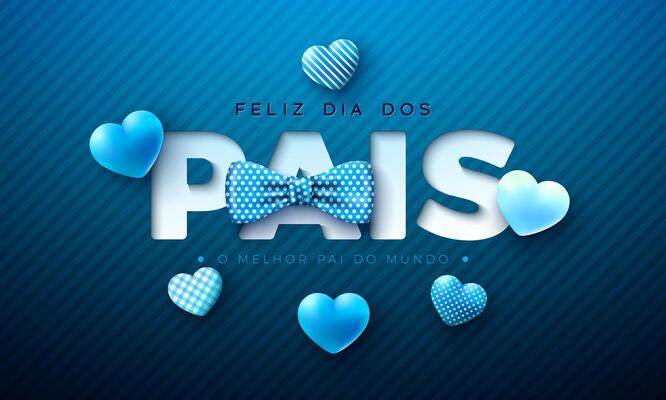 Happy Father's Day Greeting Card Design with Blue Heart, Bow Tie and Cut Out Text Label on Blue Background. Feliz Dia dos Pais Portuguese Language Illustration for the Loved and Best Dad