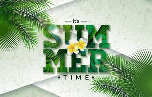 Summer Time Holiday Banner Design with Flower and Tropical Palm Leaves in Text Label on Abstract Vintage Background. Exotic Vacation Illustration for Party Flyer, Invitation, Travel Brochure vector