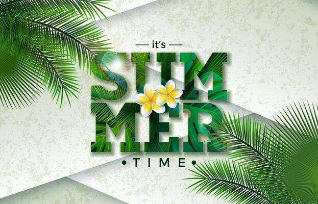 Summer Time Holiday Banner Design with Flower and Tropical Palm Leaves in Text Label on Abstract Vintage Background. Exotic Vacation Illustration for Party Flyer, Invitation, Travel Brochure