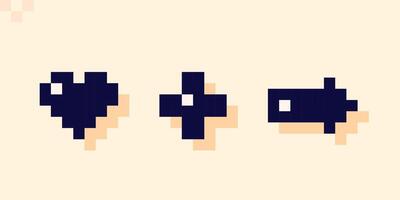 8-bit dark icons. heart, cross and arrow. vector