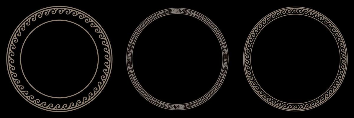 Collection of decorative gold round frames for design with Greek key, wave meander. Circle frame. Egyptian, Assyrian, Greek motif circular frame. Template for textiles, engraving, forging, embroidery