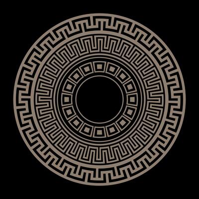 Greek key meanders. Geometric gold circle ornament. Greek round pattern. Greek round ornament in gold color. Pattern. Typical egyptian, assyrian and greek motives