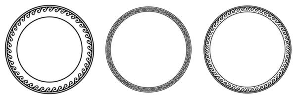 Collection of decorative black round frames for design with Greek key, wave meander. Circle frame. Egyptian, Assyrian, Greek motif circular frame. Template for textiles, engraving, embroidery vector
