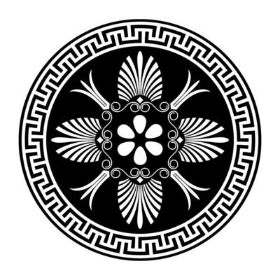 Greek round ornament. Black and white pattern on a white background. Greek pattern. Patterns of Greece and ancient Rome. Circle european border. Typical egyptian, assyrian, greek motives. For ceramics