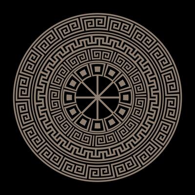 Round golden classic pattern frame plate. Greek round frame. Greek pattern. Greek meander. Patterns of Greece, ancient Rome. Circle european border. Typical egyptian, assyrian, greek motives