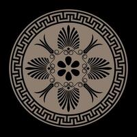 Greek gold round ornament on a black background plate with pattern in center. Pattern of Greece, ancient Rome. Geometric element for design, for textile, embroidery, porcelain, engraving, ceramics. vector