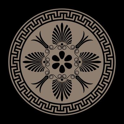 Greek gold round ornament on a black background plate with pattern in center. Pattern of Greece, ancient Rome. Geometric element for design, for textile, embroidery, porcelain, engraving, ceramics.