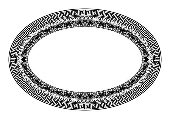 Black and white decorative oval frame with Greek ornament. Classic Greek key, wave, floral meanders. Patterns of Greece, ancient Rome. Greek key meanders. Round greek frame. Circle european border.