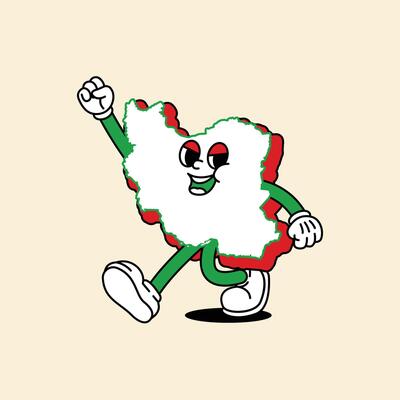 Cheerful Iran Maps character. Walk happily while his hands clenched up. Iran Maps Retro vintage mascot character with gloved hand and foot, rubber hose cartoon style.