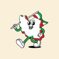 Cheerful Iran Maps character. Walk cheerfully and holds the Iranian flag. Iran Maps Retro vintage mascot character with gloved hand and foot, rubber hose cartoon style. vector