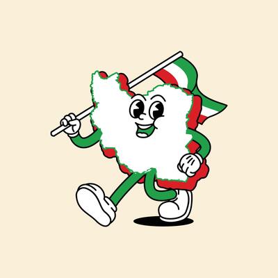 Cheerful Iran Maps character. Walk cheerfully and holds the Iranian flag. Iran Maps Retro vintage mascot character with gloved hand and foot, rubber hose cartoon style.