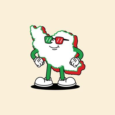 Cheerful Iran Maps character. Standing and style with glasses. His hand was beside him. Iran Maps Retro vintage mascot character with gloved hand and foot, rubber hose cartoon style.