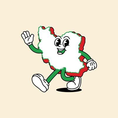 Cheerful Iran Maps character. Walking cheerfully and his hands waved Hello. Iran Maps Retro vintage mascot character with gloved hand and foot, rubber hose cartoon style.