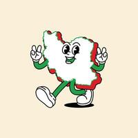 Cheerful Iran Maps character. Walking cheerfully and both hands brandish the Peace symbol. Iran Maps Retro vintage mascot character with gloved hand and foot, rubber hose cartoon style. vector