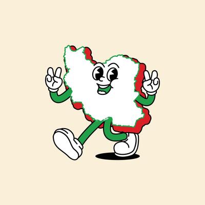 Cheerful Iran Maps character. Walking cheerfully and both hands brandish the Peace symbol. Iran Maps Retro vintage mascot character with gloved hand and foot, rubber hose cartoon style.
