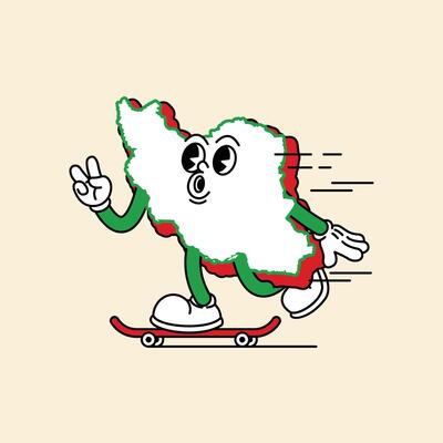 Cheerful Iran Maps character. Slide with skateboard, his hands form a peace symbol. Iran Maps Retro vintage mascot character with gloved hand and foot, rubber hose cartoon style.