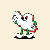 Cheerful Iran Maps character. Standing with a firm face and his hand said stop forward. Iran Maps Retro vintage mascot character with gloved hand and foot, rubber hose cartoon style. vector