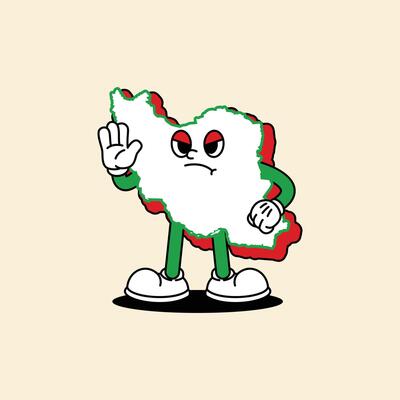 Cheerful Iran Maps character. Standing with a firm face and his hand said stop forward. Iran Maps Retro vintage mascot character with gloved hand and foot, rubber hose cartoon style.