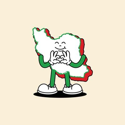 Cheerful Iran Maps character. Standing by forming a sign of love with both hands. Iran Maps Retro vintage mascot character with gloved hand and foot, rubber hose cartoon style.