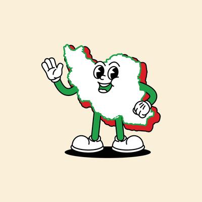 Cheerful Iran Maps character. Standing with his hands waving. Iran Maps Retro vintage mascot character with gloved hand and foot, rubber hose cartoon style.