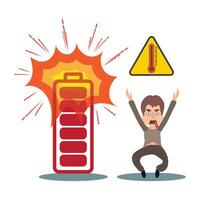 Man is running away from a burning battery. The concept of poor battery quality. vector