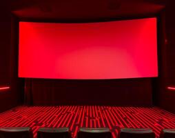 Empty cinema with red shades and red canvas for cinema, copy space. photo