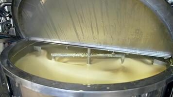Butter production. Automated equipment mixing dairy product for making butter. Process of making fresh butter on a milk farm. Close-up. video