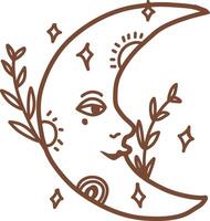 Crescent Moon with Face, Stars, Sun, and Floral Elements vector