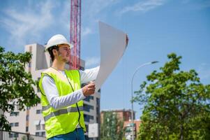 Professional young male construction worker with safety helmet and reflective vest checking work plan at a construction site with building progress photo