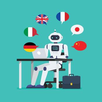 Android translator is working on a laptop computer at office desk vector