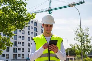 Professional young male construction worker with safety helmet and reflective vest at a construction site with building progress in the background- photo
