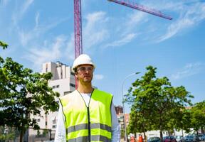 Professional male construction worker with safety helmet and reflective vest and safety glasses at a construction site with building progress2 photo