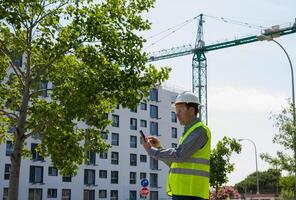 Professional male construction worker with safety helmet and reflective vest and safety glasses at a construction site with building progress4 photo