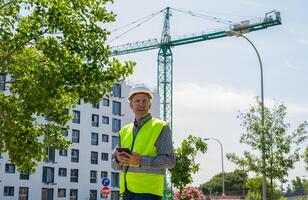 Professional male construction worker with safety helmet and reflective vest and safety glasses at a construction site with building progress6 photo