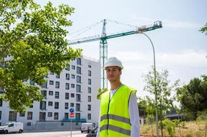 Professional young male construction worker with safety helmet and reflective vest at a construction site with building progress in the background.. photo