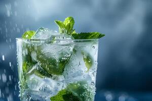 Refreshing lemonade with ice and mint, summer concept photo