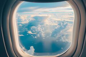 Airplane window view over ocean and clouds photo