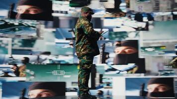 African american soldier works in command center with satellite data for surveillance, collecting intelligence for tactics and war planning in a national defense mission. Armed forces. Camera A. video