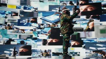 African american soldier working with virtual reality headset in control center, monitoring surveillance footage to gather crucial battlefield and enemy position intelligence. Protection. Camera A. video