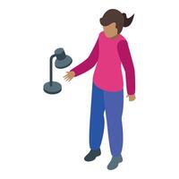 Woman adjusting desk lamp, preparing workspace for work vector