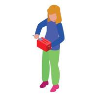 Woman using fork to remove toast from toaster, isometric view vector