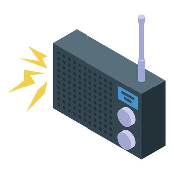 Portable radio broadcasting with lightning symbol, isometric view vector