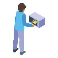 Technician fixing broken microwave oven with sparks isometric view vector